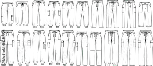 cargo jogger pants cad drawing set, multiple pocket trousers technical template collection, flat vector illustration isolated apparel fashion outline