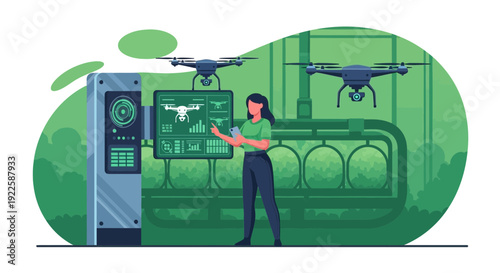 Woman controlling drones with computer technology.