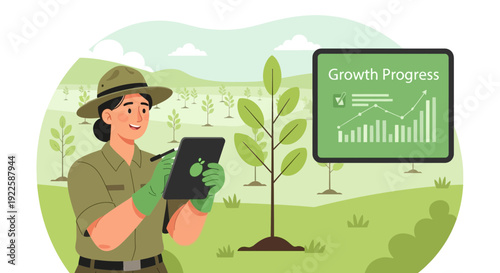 Woman Examining Plant Growth on Digital Tablet.