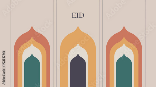 A colorful illustration of three arches with the word Eid written above them