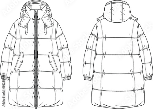 long puffer jacket cad drawing, hooded winter coat technical template, front and back view flat vector illustration fashion outline