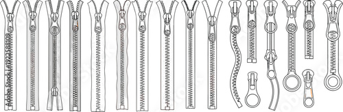 zipper set cad drawing, technical fashion hardware template, zipper pull variations, sewing accessory outline, flat vector illustration isolated design collection