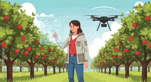 Woman Operating Drone in Apple Orchard.
