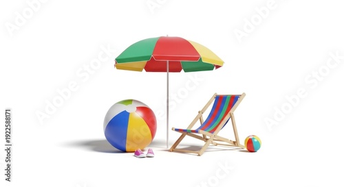 A sunny beach scene with a colorful umbrella, chair, ball, and sandals on a white background