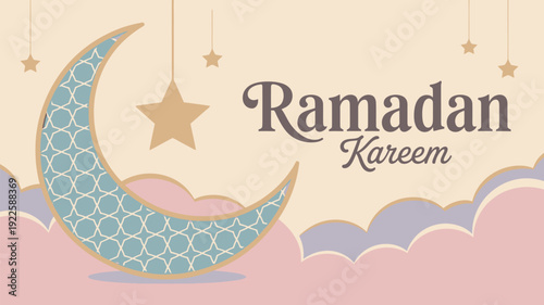 A colorful illustration of a crescent moon and stars with the words Ramadan Kareem