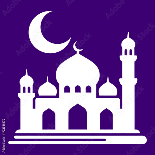 Majestic Mosque Under Crescent Moon: A striking image of a mosque silhouetted against a deep, twilight purple backdrop, with a serene crescent moon and star gracing the sky above.