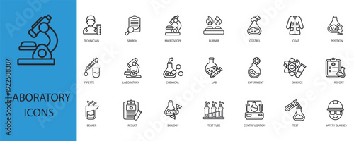 laboratory icons set outline and Flat Style,transparent background