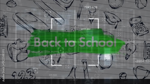 Animation of back to school text over school items icons on white background