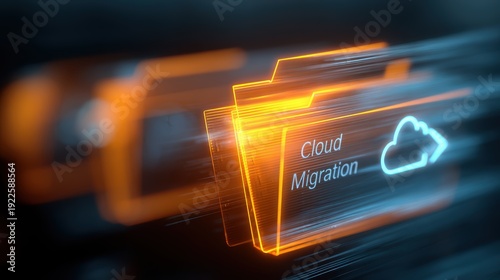 Digital cloud migration concept with glowing folders and data streams