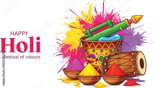 Happy Holi Festival India Graphic – Gulal Powders, Dhol, Pichkaris, and Colorful Splashes