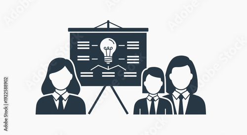 Three business professionals discussing a presentation with a lightbulb idea.