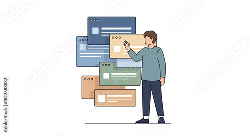 Man standing next to floating credit cards, online shopping concept.