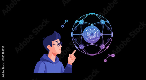 Man contemplating a futuristic atom model with glowing particles.