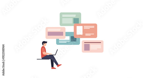 Person working on laptop surrounded by floating browser windows.