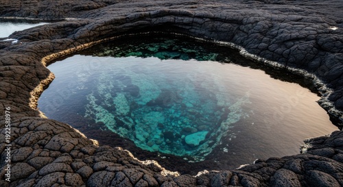 Calm pool of water trapped in dark, textured volcanic rock, clear water reveals depth