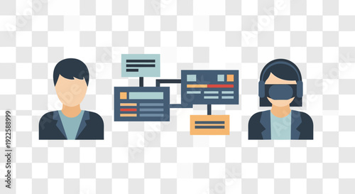 Two business professionals collaborating on digital documents and data exchange.