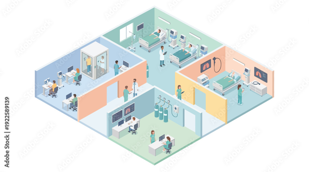 Fototapeta premium Modern Isometric Hospital Interior Vector Illustration with Doctors, Nurses, and Patients in Clinical Ward, ICU, and Medical Office for Healthcare Management and Patient Care Services