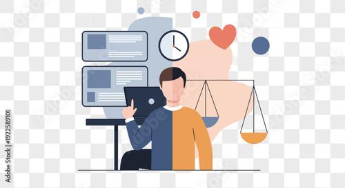 Man working on computer with scales and heart symbol.