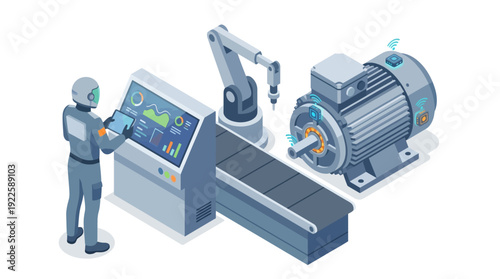 Isometric Smart Factory Illustration with Engineer Monitoring Industrial Automation, IoT Sensors on Motor, Robotic Arm, and Data Dashboard for Industry 4.0 Concept