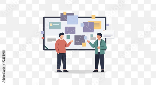 Two men collaborating on a large digital presentation board with various colorful sticky notes.