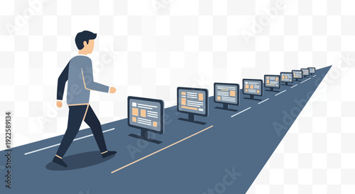 Man walking on road with multiple computer monitors.