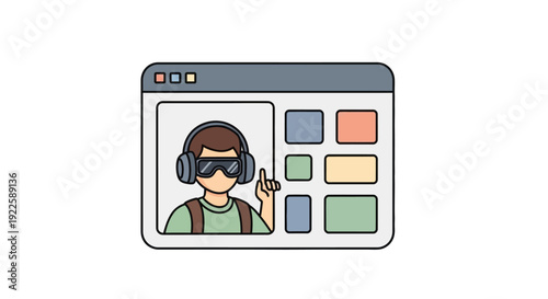 A cartoon man wearing headphones and interacting with a digital interface.