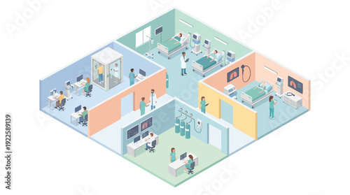 Modern Isometric Hospital Interior Vector Illustration with Doctors, Nurses, and Patients in Clinical Ward, ICU, and Medical Office for Healthcare Management and Patient Care Services