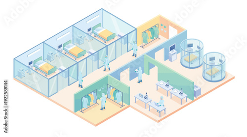 Isometric Hospital Interior with Medical Laboratory and Patient Rooms, Healthcare Facility Design with Doctors in PPE Protective Suits for Clinical Research and Virus Containment