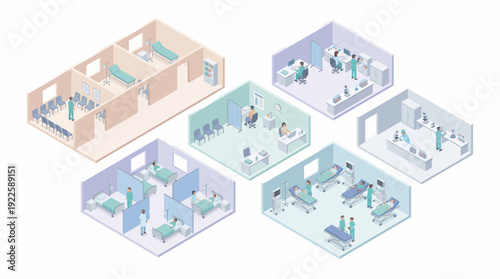 Isometric Hospital Interior Set with Medical Laboratory, Patient Ward, and Clinic Consultation Rooms for Healthcare Management, Medical Infographics, and Clinical Research Presentation