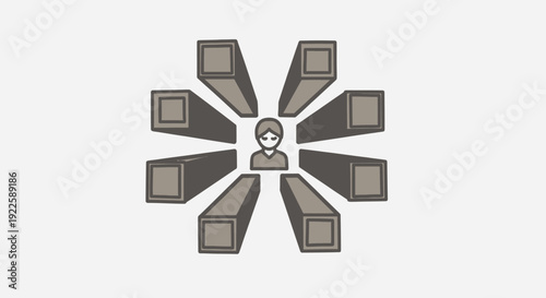 Centralized figure surrounded by multiple computer monitors.