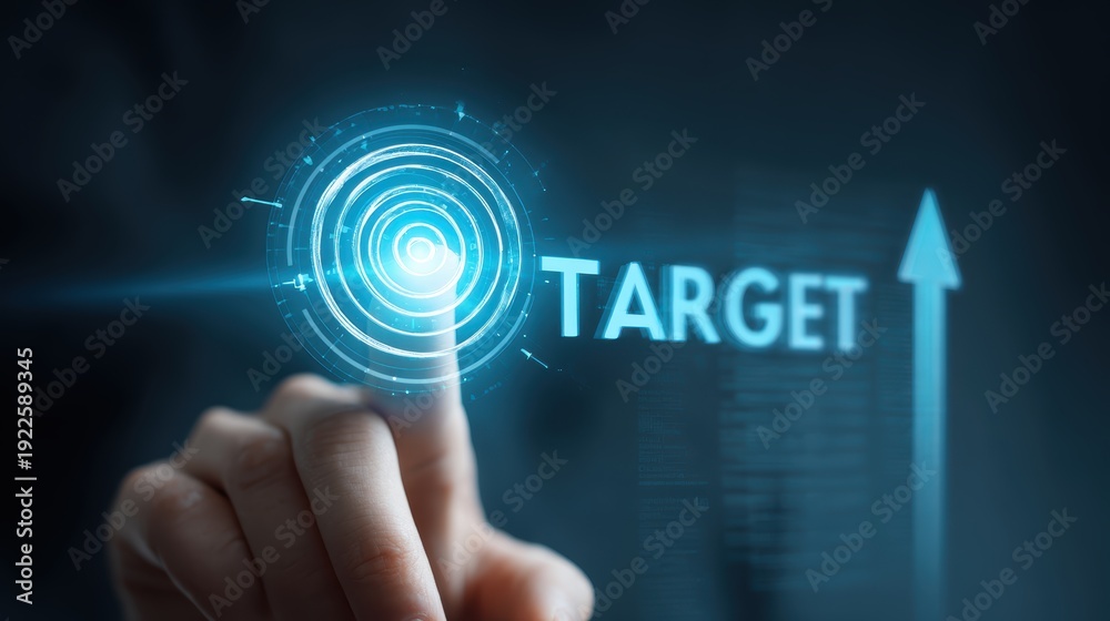 Fototapeta premium Hand touching a futuristic digital target interface with an upward trending arrow
