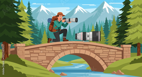 A male photographer capturing natures beauty with a telephoto lens.