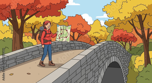 A person with a backpack and map stands on a stone bridge.