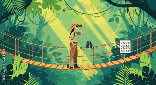 Adventurous explorer observing wildlife with binoculars in jungle.