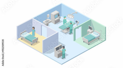 Isometric Hospital Interior Layout with Operating Room, Surgical Team, and Patient Recovery Wards. Professional Healthcare Facility Vector for Medical Management and Clinic Design.