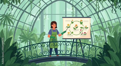 Botanist explaining plant life cycle in a greenhouse.