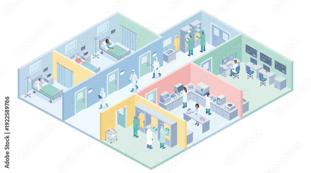 Fototapeta premium Isometric Hospital Interior Vector with Medical Staff, Patient Care Rooms, and Clinical Laboratory. Modern Healthcare Facility Management, Medicine Research, and Clinic Infrastructure Concept.
