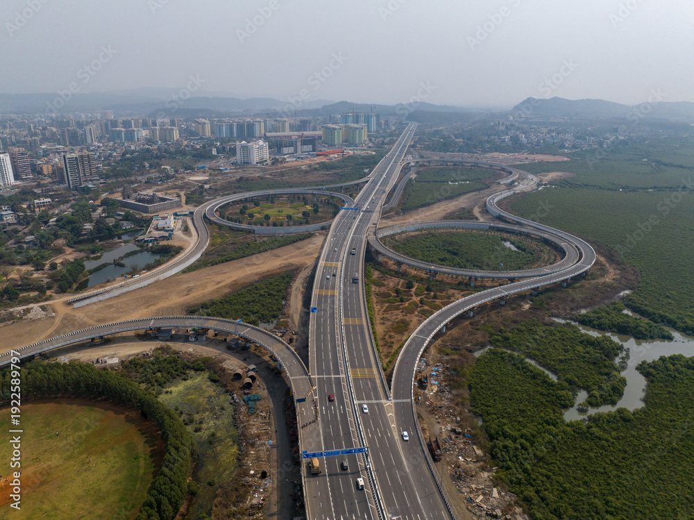 Fototapeta premium Aerial Drone View of Atal Setu Connecting Mumbai to Navi Mumbai Across the Arabian Sea