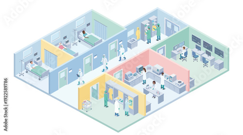 Isometric Hospital Interior Vector with Medical Staff, Patient Care Rooms, and Clinical Laboratory. Modern Healthcare Facility Management, Medicine Research, and Clinic Infrastructure Concept.