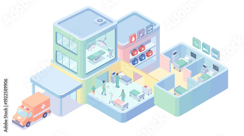 Isometric Hospital Medical Center Illustration with Operating Room Patient Wards Ambulance and Healthcare Staff in Clean Pastel 3D Vector Style for Healthcare Infographics and Web Design