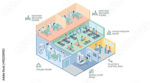 Isometric Hospital Interior Floor Plan with Patient Recovery Wards, Physiotherapy Center, Trauma Room, and X-ray Lab for Healthcare Facility Management and Medical Infographics