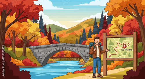 Man with backpack consulting a map on a signpost in an autumn landscape.