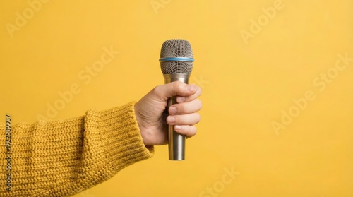 hand holding microphone over yellow background, panoramic mock up image broadcasting, announcement, announce, background, audio, clipping, cable