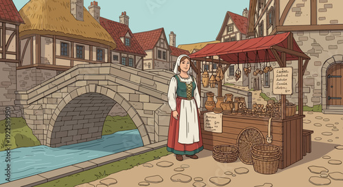 Medieval Woman Vendor Standing by Market Stall.
