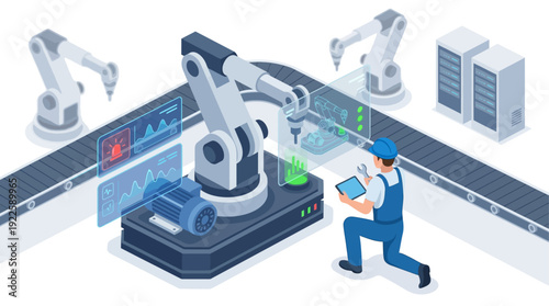 Isometric Smart Factory with Robotic Arms and Technician Monitoring Assembly Line with Tablet, Industry 4.0 Manufacturing Technology, Automation and Digital Twin Data Visualization
