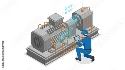 Isometric Smart Factory Technician Using Tablet for Industrial Motor Maintenance with Digital Twin HUD Interface, Industry 4.0 Predictive Maintenance and AR Technology Concept