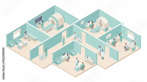 Modern Medical Facility Floor Plan with MRI Suites, Research Lab, and Consultation Offices. Healthcare Professionals Working in a Teal Isometric Vector Illustration.