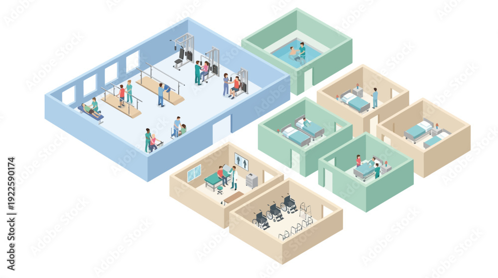 Obraz premium Isometric Hospital Rehabilitation Center Layout with Physiotherapy Clinic, Patient Rooms, and Hydrotherapy Pool for Healthcare Facility Planning and Medical Infographics