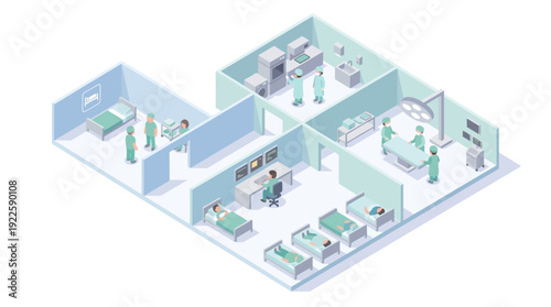 Isometric Hospital Interior Design with Operating Room, Surgical Suite, and Patient Recovery Ward. Medical Staff and Doctors in Modern Healthcare Clinic Illustration for Infographics.