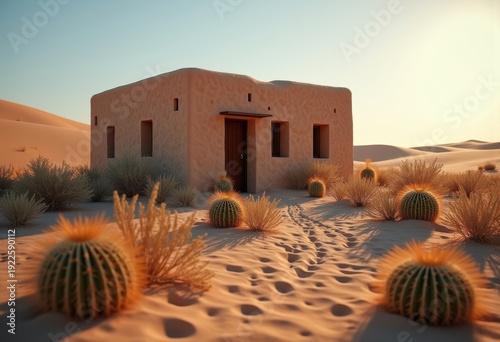 Wallpaper Mural Adobe House in Desert Oasis Surrounded by Prickly Cactus Blooms and Soft Sand Dunes Torontodigital.ca